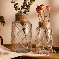 Handmade Rope-Wrapped Glass Vase for Dried Flowers, Cylindrical, Rustic Style