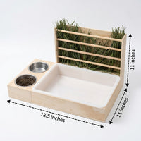 Hay Feeder with Food Bowls and 5 Slots, Wooden Guinea Pig Feeder and Hamster Feeder, Small Pet Feeder Rack with Tray for Pet Care and Less Waste