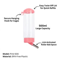500ML Hanging Pet Water Dispenser for Dog Cage, Large Capacity Dog Water Bottle for Travel, Automatic Pet Waterer for Small Dogs
