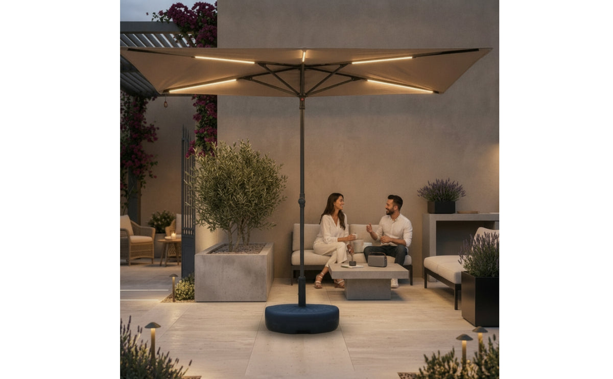 Half Patio Umbrella with Solar Lights SPF 50+ Sun Protection Wall-Side Umbrella with Base areaSaving for Balcony, Courtyard