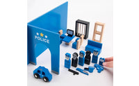 Police Play Set Painted Blue Wooden Playset Flat-Sawn Design Children's Toy