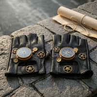 Gold-Tone Gear Details Steampunk Fingerless Gloves Compass Dial Black Leather Fingerless Gloves Textured Finish