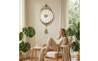 Wall Clock with Pendulum Ornate Silent Wall Clock Gold-Tone for Living Room, Bedroom