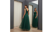 Embroidered Tulle Gown Flowy V-Shaped Neckline long Dress Waist Sleeveless Evening Gown for Wedding