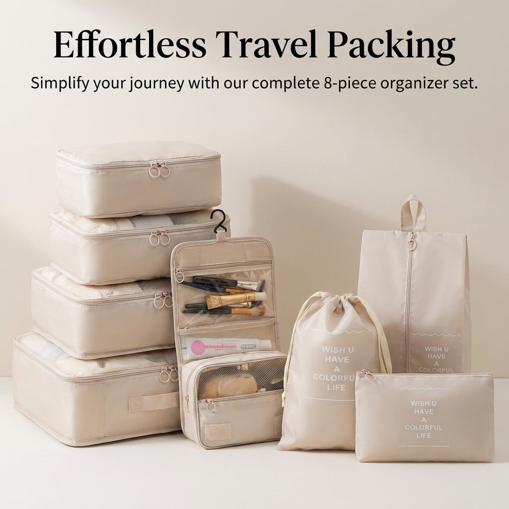 Packing Cubes for Suitcase 8 Set, Travel Organiser with Toiletry Bag, Large Compression Airplane Essentials Backpacking Accessories, Vacuum Organisers