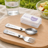 Portable Cutlery Set, For Kids, Spoon, Fork, Set, 304 Stainless Steel, Foldable, With Silent Case, Outdoor, Camping, For Bento