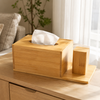 Bamboo Tissue Box Cover Desktop Organizer, Modern Minimalist Holder with Tray, Easy Refill Rectangular Wooden for Living Room, Hotel