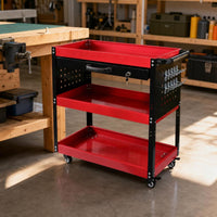 Stable Three-Tier Tool Cart with Drawer Customizable Mobile Service Cart with Pegboard Secure Rolling Workshop Organizer Vertical for DIY Enthusiasts, Repair Station