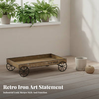 Spoked Wheels Iron Tray Rectangular Rustic Metal Tray Raised Sides Household Decor Shallow