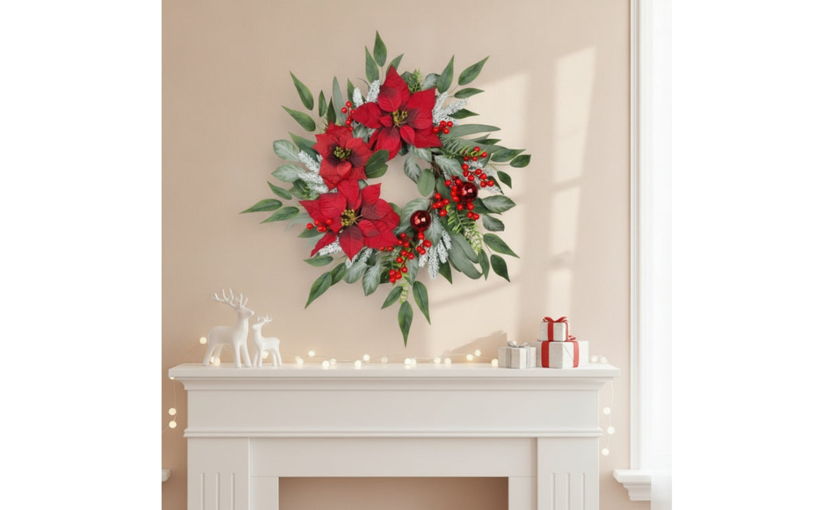 Artificial Poinsettia Wreath Ready to Hang Wreath with Berries Red Decorations for Wall, Front Door, Mantel
