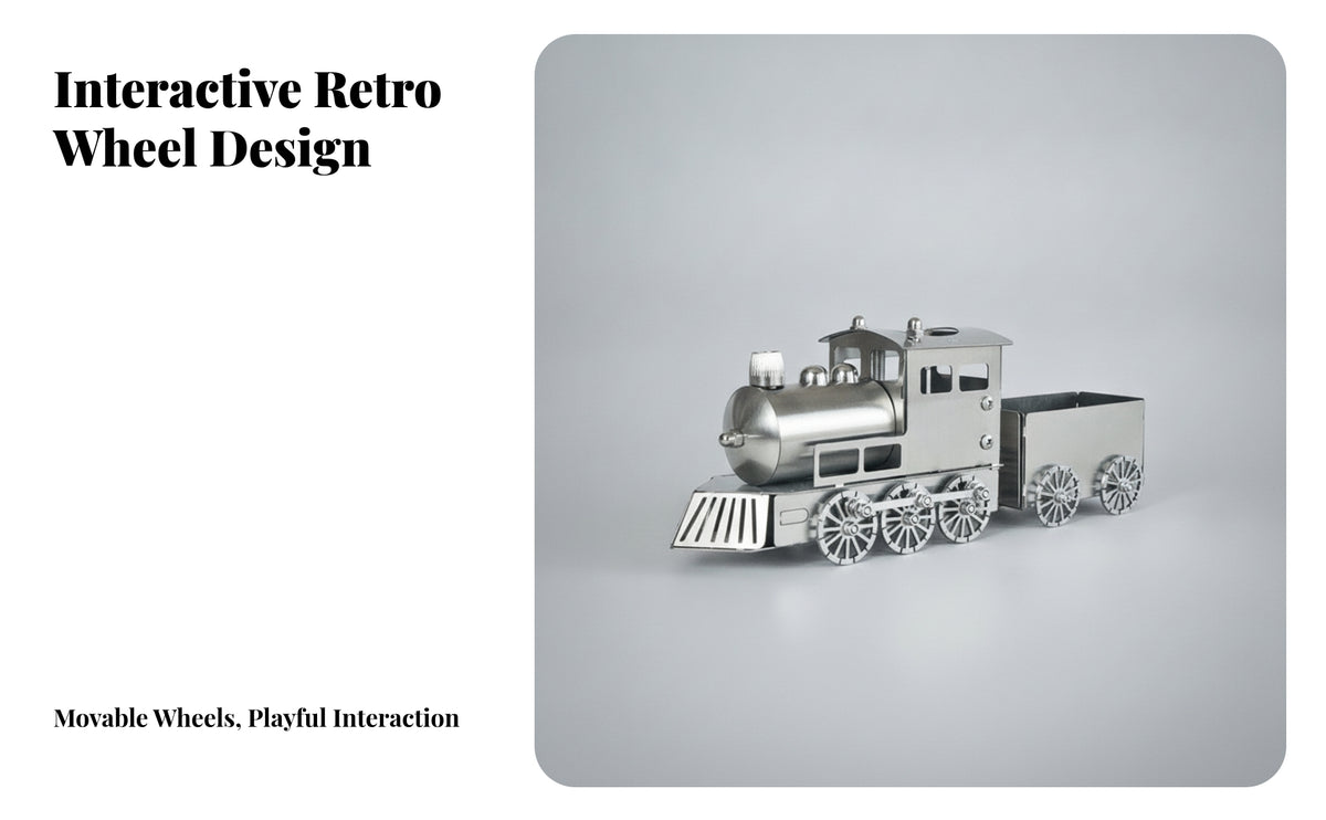 Industrial Style Stainless Steel Train Ornament Polished Silver Steam Engine Sculpture Spoked Wheels Metal Train Ornament Display Piece