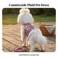 Country Design Plaid Dog Dress Harness Cute Design Plaid Dog Harness Leash Set Adjustable for Young Dogs, Cats, Outdoor, Parties