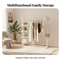 Minimalist Design Complimentarystanding Clothes Rack with Shelves Space-Saving Garment Rail with Shelves and Side Hooks Multi-Tier Shelving Hanging Stand Stable Structure for Students, Apartment Dwellers, Homeowners, Bedroom, Entryway, Walk-in Closet