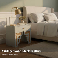 Rattan Drawer Nightstand Vintage Design Rattan Drawer Bedside Table sturdy Wood Legs Cheerful hues for Adults, Students, Office