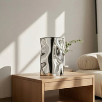 Stainless Steel Vase Silver Wavy Cylindrical Vase Sculptural Stainless Steel Vases for Decorators