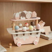 Two-Tier Pretend Ice Cream Shop Floral Accents Wooden Play Cart for Children