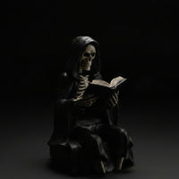 Dark Fantasy Seated Figurine with Book Antique Black Hooded Figure Figurine Moody Shelf Sitter Compact for Collectors