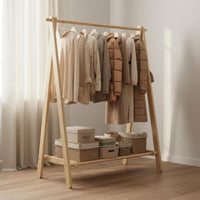Multifunctional Solid Wood Clothes Hanger Stand Space-Saving Solid Wood Garment Rack Easy Assembly Freestanding Clothes Stand Heavy Duty for Bedroom, Living Room