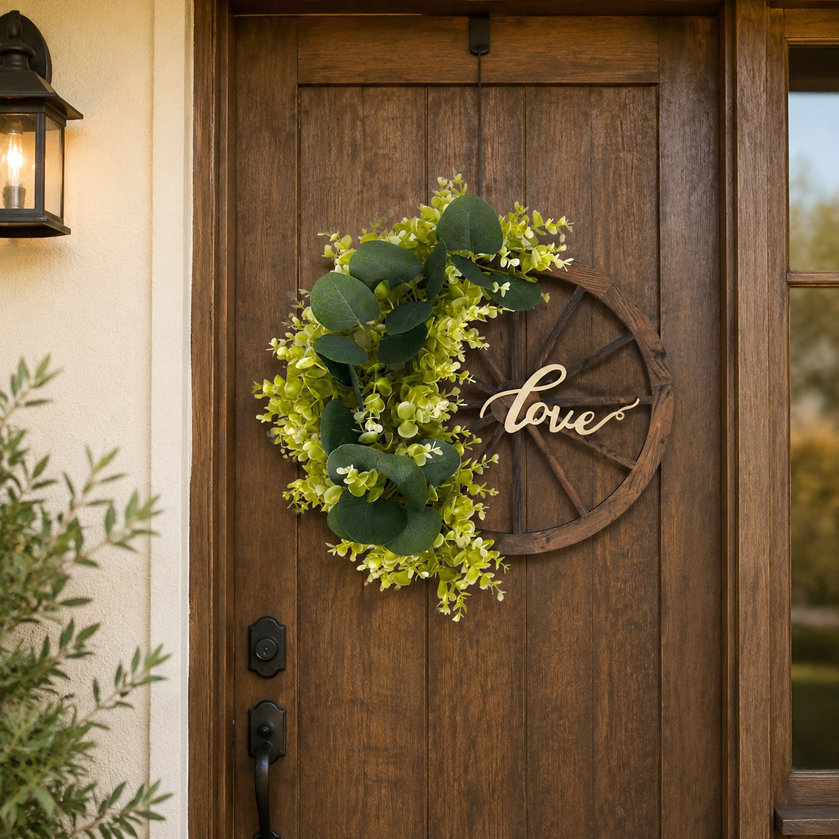 40cm Wagon Wheel Wreaths for Front Door, Artificial Mixed Greenery Door Hanger, Rustic Farmhouse Welcome Decor, Decorative Wagon Wheel