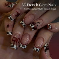 3D French Tip Press On Nails with Floral Rhinestones, Artificial Ons for Girls Wedding, Includes Jelly Glue and File