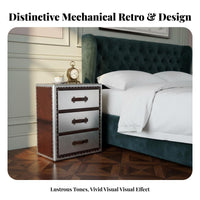 utilitarian design Bedside Drawer Cabinet Vintage Look Riveted pilot-inspired End Table Sturdy and long-lasting Nightstand space-saving Design for Interior Decorators, Apartment Dwellers, Bedroom, Small areas, Dorm Room, Man Cave
