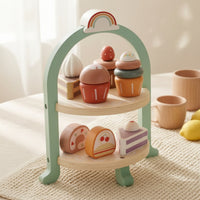 Wooden Dessert Rack with Imitation Desserts Tabletop Cake Toy with Cupcake Stand Colorful Wooden Dessert Playset for Kids, Playroom, Preschool