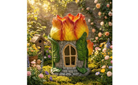 Stone-Textured Cottage Ornament Arched Window Floral House Ornament Carved Leaves for Lawn