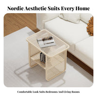 Nordic Design Two-Tier Woven-Panel Side Table Minimalist Aesthetic 2-Tier Table Japanese Aesthetic Nightstand Space-Saving for Apartment Dwellers, Homeowners, Bedroom, Small Areas, Guest Room, Entryway