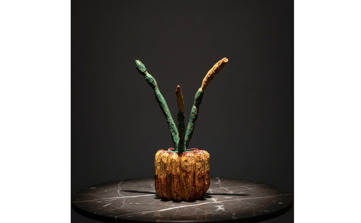 Pumpkin Figurine Hand-Painted Resin Pumpkin with Stem Distressed Sculpture for Living Room