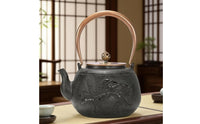 Cast Iron Teapot Floral Relief Stovetop Tea Kettle Copper-Colored Handle