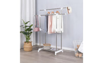 Freestanding Double Rod Clothes Rack Adjustable Garment Rack with Shelf Space-Saving Furniture Rolling for Laundry Room, Bedroom, Balcony, Apartment