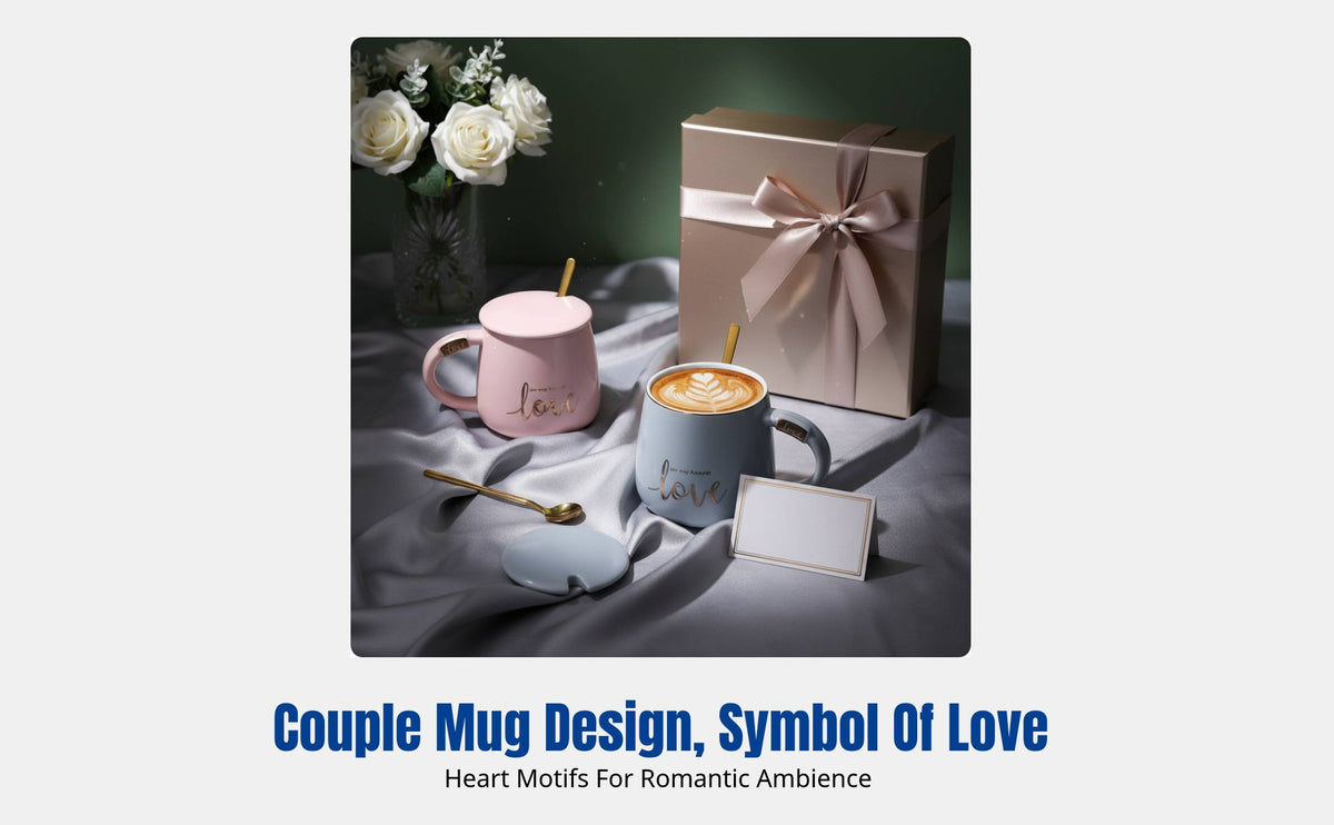 Ceramic Mug Set, Couple Mugs with Lid & Spoon, Gift Box, Nordic Design, Home Use