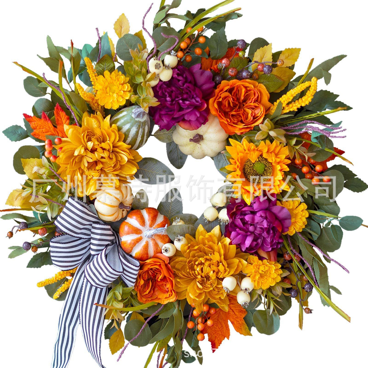 Autumn Wreath with Peony and Dahlia Faux Pumpkins Ribbon Door Hanging