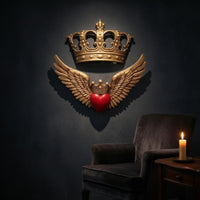 Antique-Style Heart Crown Decoration Gold-Tone Angel Wing Plaque Raised Feather Detail Heart Wing Wall Decor Ornate