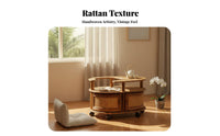 Woven Design 2-Tier Rolling Trolley Vintage Aesthetic Crescent-Shaped Rolling Cabinet with Wheels Tea Cart Multifunctional for Homeowners, Apartment Dwellers, Hosts, Living Room, Bedroom, Home Office, Balcony