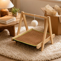 Solid Wood Rattan Feline Bed T-Shaped Stand Wooden Feline Bed Suspended Platform Pet Furniture Fluffy Ball Toy