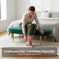 plush fabric Upholstery Oval End-of-Bed Seat Light Luxury Design End-of-Bed Bench Modern design Accent Stool Sturdy Metal Legs for Interior Designers, Homeowners, Adults, Bedroom, changing area, Walk-in Closet, Entryway