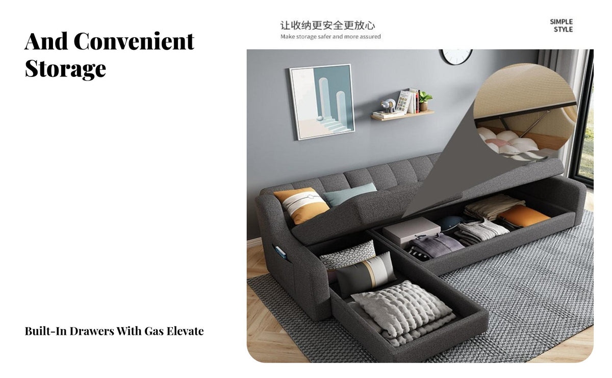 L-Shaped Pull-expandable Sofa Bed with Storage Chaise Multi-Functional L-Shaped Pull-expandable Bed with Storage Chaise Space-Saving transformable Couch for Families