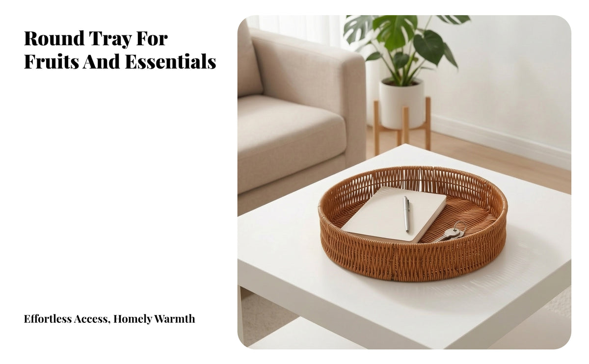 Round Flat Basket | Sturdy Iron Frame, Open Lattice Weave, Rattan Fruit Basket, for Kitchen Counter