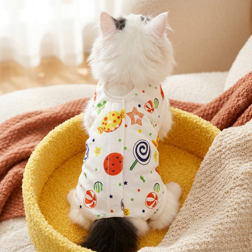 Cat Recovery Suit for Female Cat Spay Suit, Printed Polyester Fiber Post Surgery Cat Clothes with Fasteners, Full Leg Female Cat Surgery Wear
