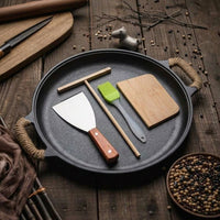 Frying Pan with Glass Lid for BBQ Grill and Gas Hob, Heavy Duty Cast Iron Skillet for Crepes, Oval Grill Pan with Accessories, Tortilla Pan