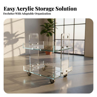 Transparent Design 2-Tier Clear Utility Cart Movable with casters 2-Tier Rolling Organizer Multi-Functional Bedside Table Multifunctional for Apartment Dwellers, Homeowners, Office Workers, Living Room, Kitchen, Bedroom, Bathroom