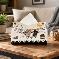 Waterproof Tissue Box Cover, White Leather Tissue Box Holder with Cartoon Print, 24x20x17.5cm Pull-Out Tissue Holder for Car, Living Room, Bathroom