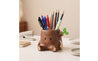Wooden Pen Holder Solid Wood Stump Pen Holder Wooden Desk Organizer Carved Container Charming for Students, Office, Study