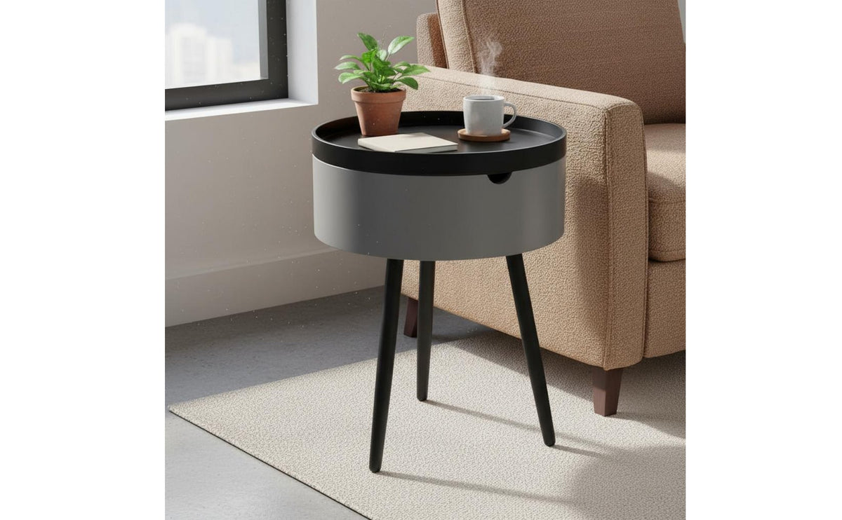 Round Nightstand with Drawer Light Elegant Design Walnut Color Bedside Table Space Saving Modern End Table for Bedroom, Living Room, Small Areas