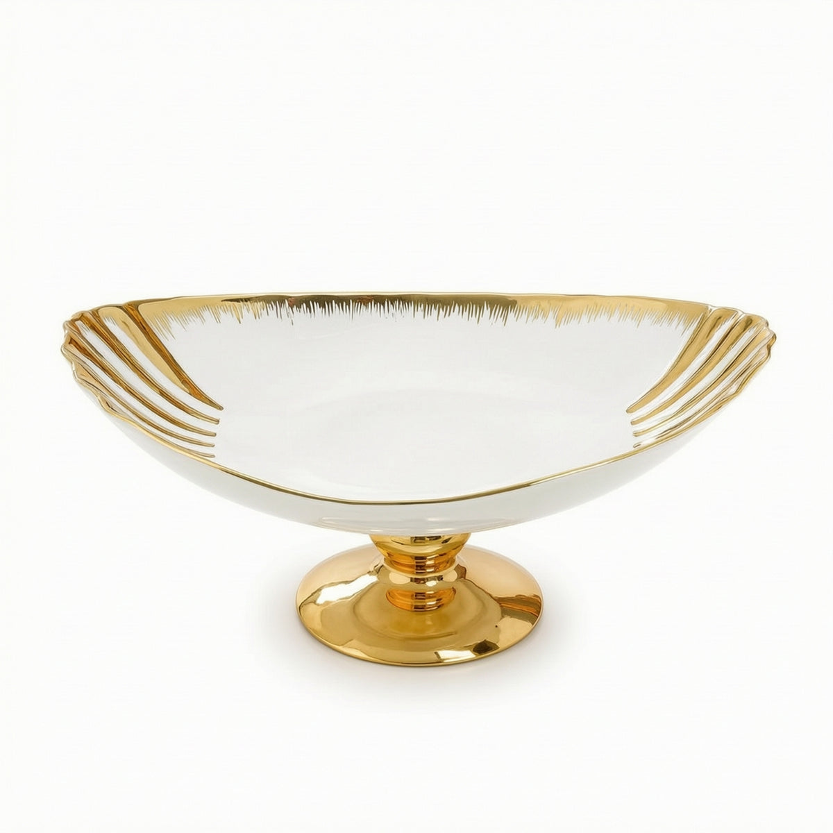 Ceramic Bowl with Pedestal Base Gold-Accented Foot Bowl with Scalloped Rim Decorative Round for Tabletop, Dining Table