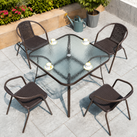 Garden Table Set, For 4 People, Outdoor Table Set, With Parasol Hole, Tempered Glass Top, Metal Frame, Brown