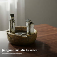 Retro Vintage Look Jiangnan Design Aquatic Creatures Bowl Oriental Themed Resin Landscape Bowl Handmade Craft Chinese Village Planter No Drain Hole for Desktop, Living Room, Office, Tea Table