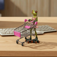 Frog Figurine with Shopping Cart Charming Miniature Shopping Cart Figurine Statue for Desk