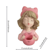 Pink Figurine Pen Holder Sculpted Girl Figurine Organizer Aesthetic Desk Organizer with Container Cartoon for Vanity